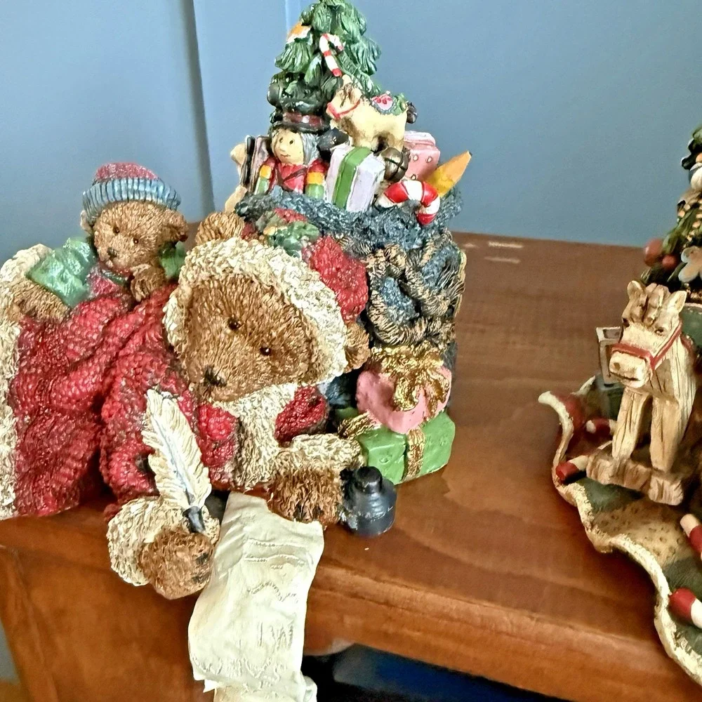 Vintage Teddy Bear Christmas Stocking Holders Pair Resin Santa Mrs Claus F/W